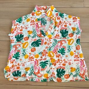 C&C California 100% Linen Tropical Parrot Pineapple Print Split Neck Top Small